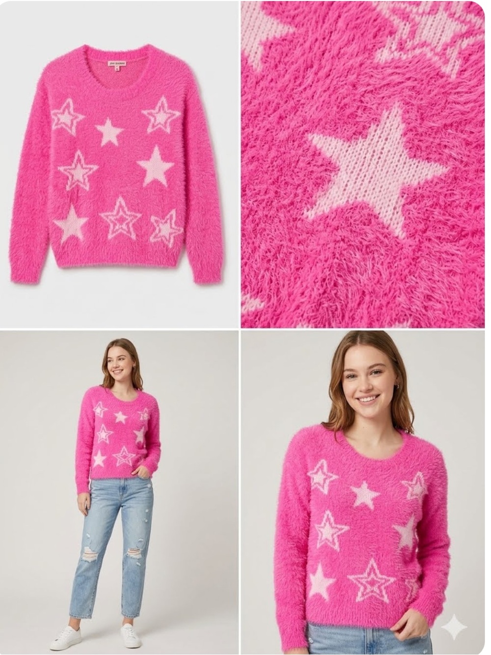 Juicy Couture Girls Y2K Hot Pink Fuzzy Star Sweater - Barbie Pink - Girly - fall